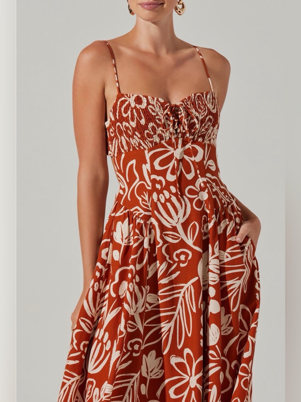 ASTR the Label Sarai Floral Midi Sundress Rust Cream Lace-Up Cutout XS Linen
